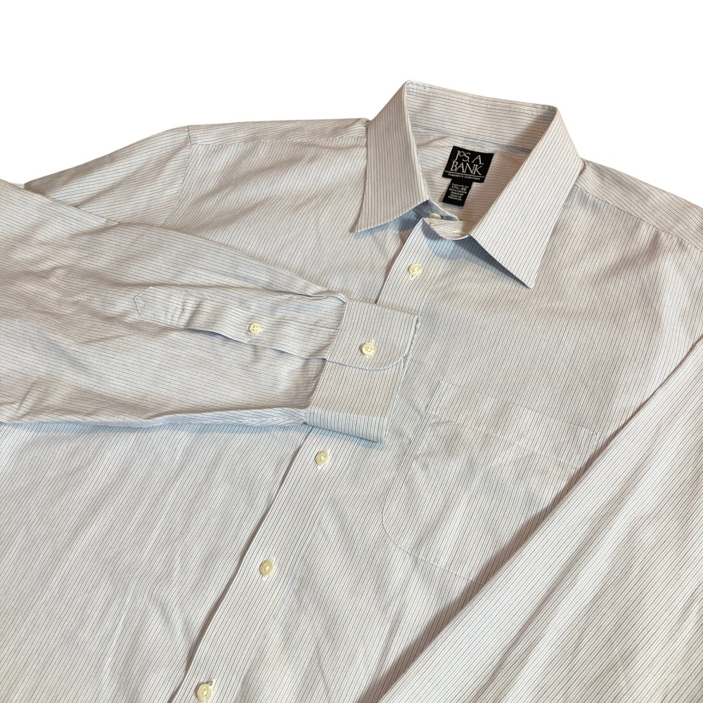 Jos. A. Bank Travelers Dress Shirt Mens 17.5 35 Blue White Gray Striped Preppy